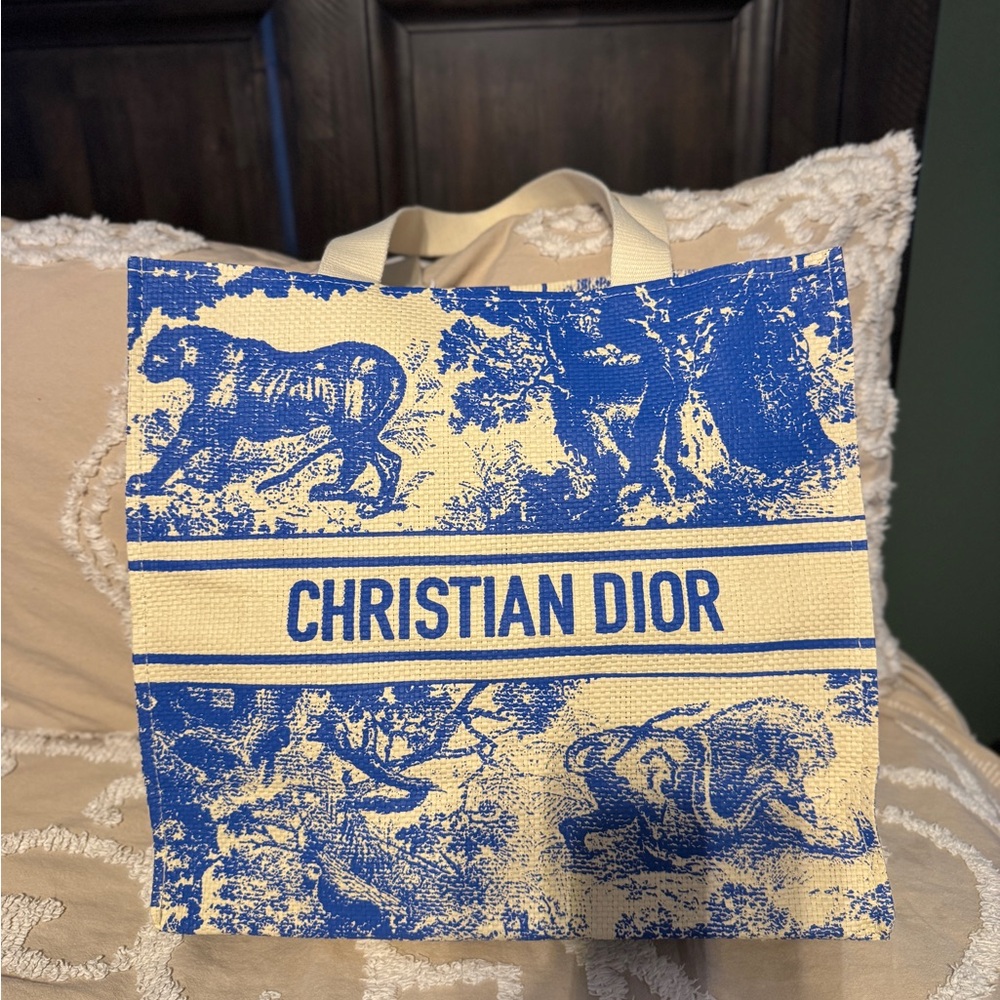 Christian Dior Blue Ivory woven Novelty Tiger Tote Bag GWP - Picture 2 of 2